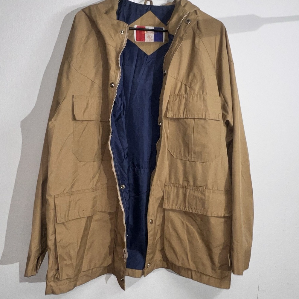 Vintage Aventura‎ Field Jacket Mens XL Tan Hooded Utility Coat Made in Korea